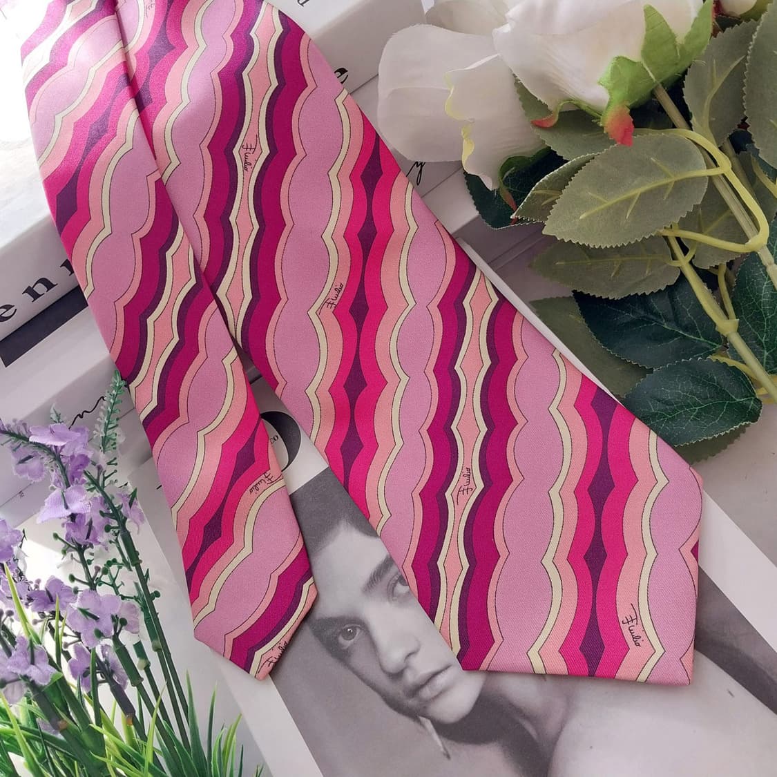 에밀리오 푸치 실크 핑크 웨이브 패턴 넥타이 9.5cm A등급 K1342 상품이미지2