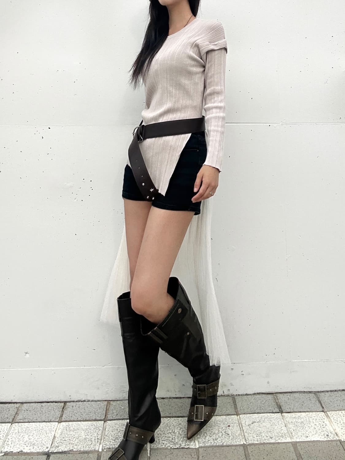 Ribbed open slim knit / beige 상품이미지1