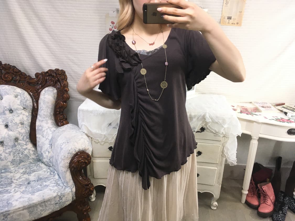 빈티지 아카이브 브라운 셔링 반팔 블라우스 상품이미지4