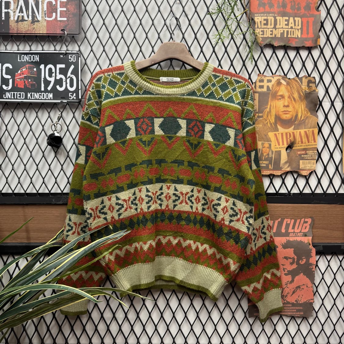 JPN VINTAGE 노르딕 패턴 울 니트 스웨터 그린 브라운 상품이미지1