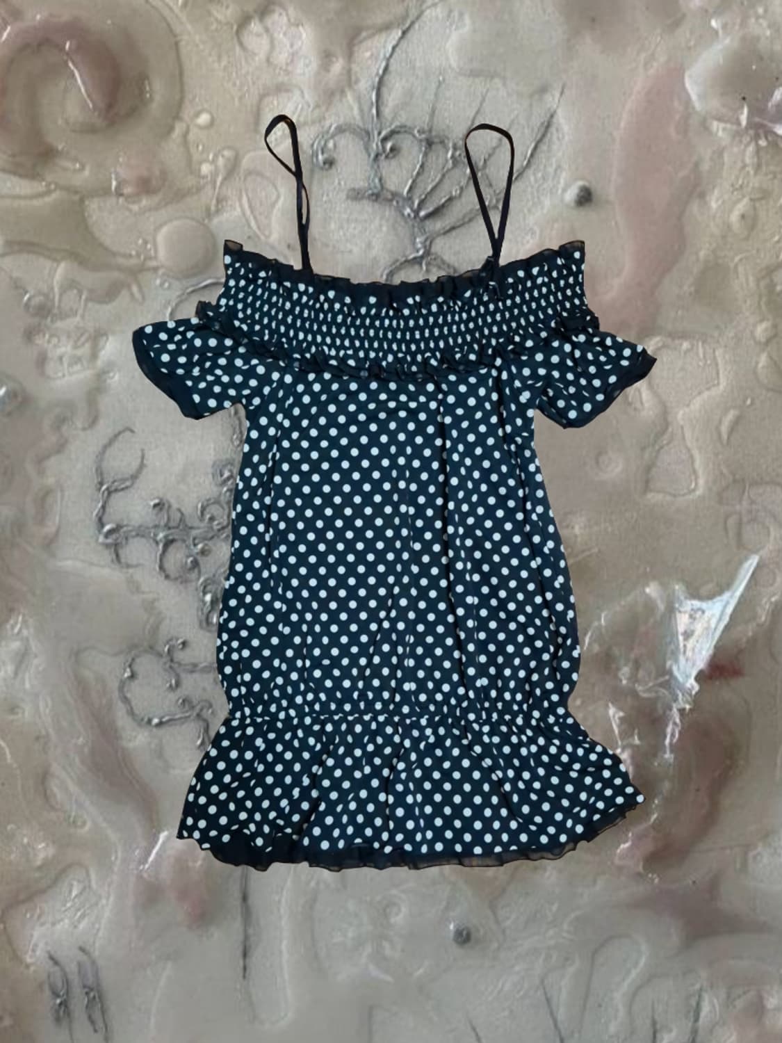 일본 빈티지 갸루 로걀탑 블랙 도트 오프숄더 블라우스 레이스 슈가슈가룬 상품이미지2