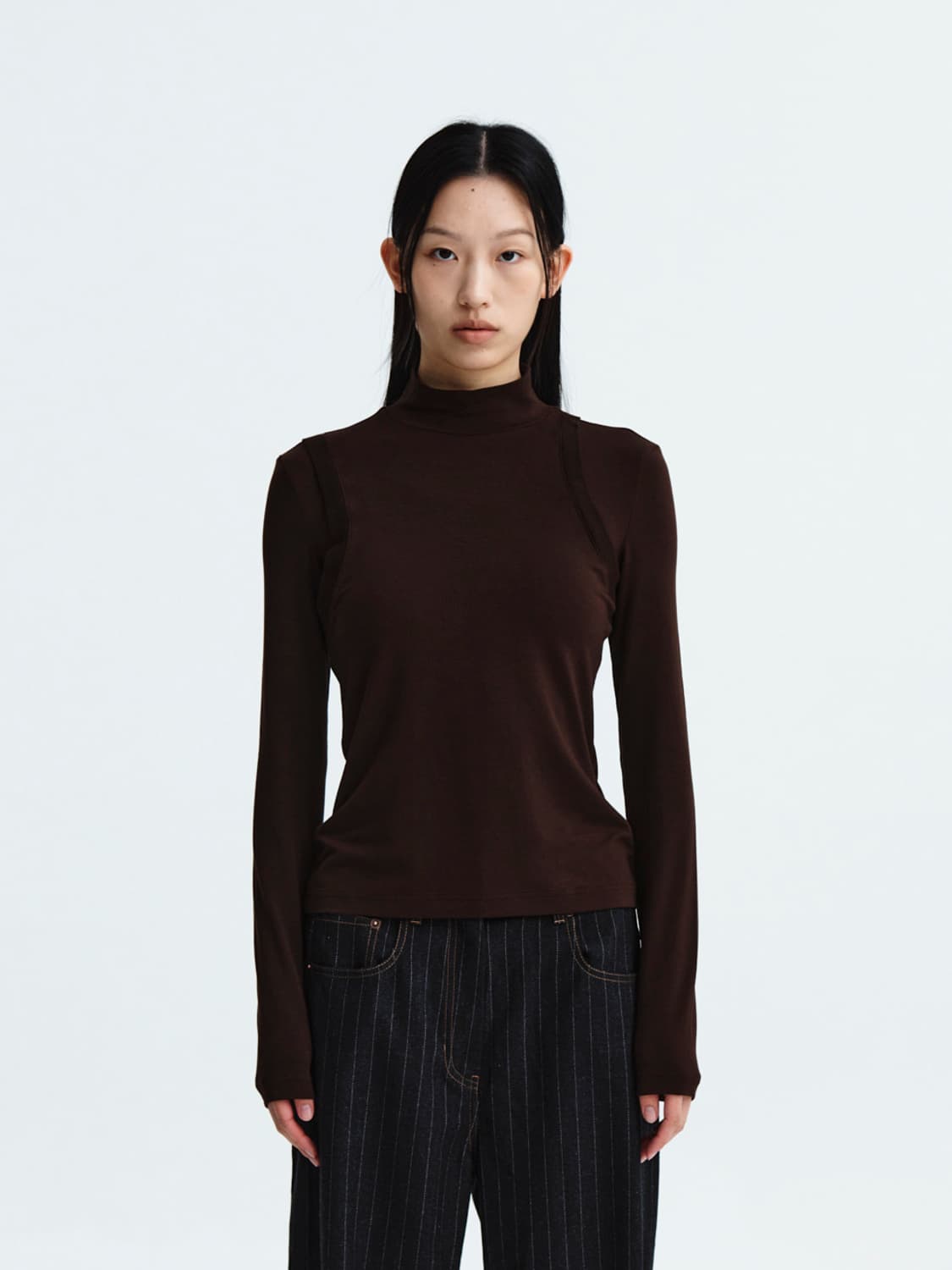 RIB LAYERED HALF NECK LONG SLEEVE TOP 상품이미지1
