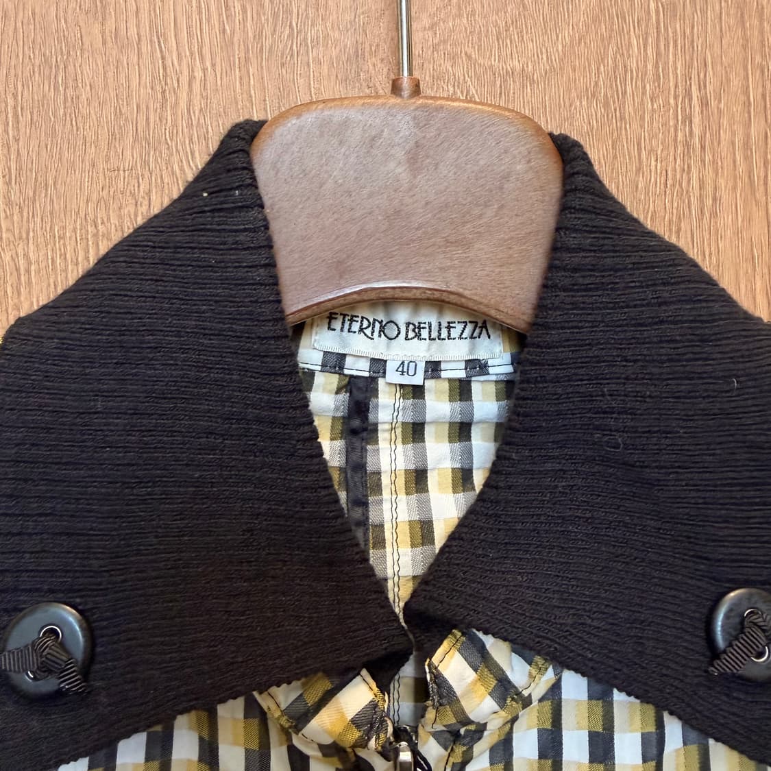 빈티지 반팔 카라 집업 깅엄 체크 패턴 드로우 스트링 디테일 옐로우 블랙 상품이미지5