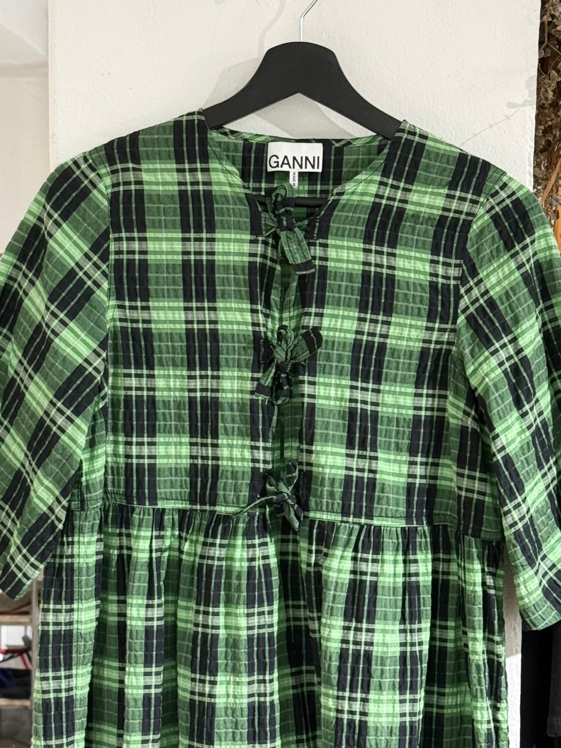 가니 그린 체크 리본 코튼 미니 드레스 상품이미지4