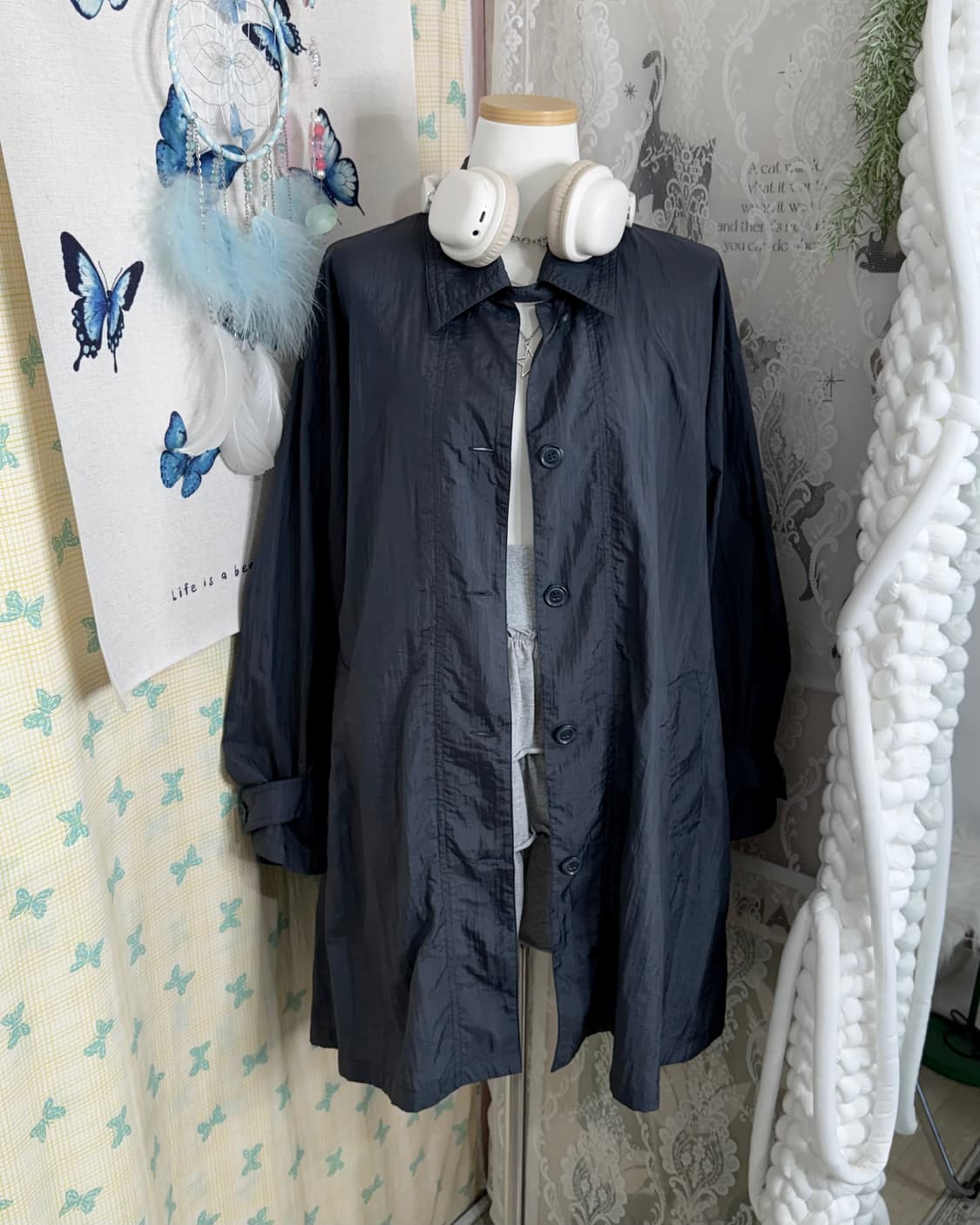 블루 그레이 넥버클 바람막이 코트 자켓 상품이미지4