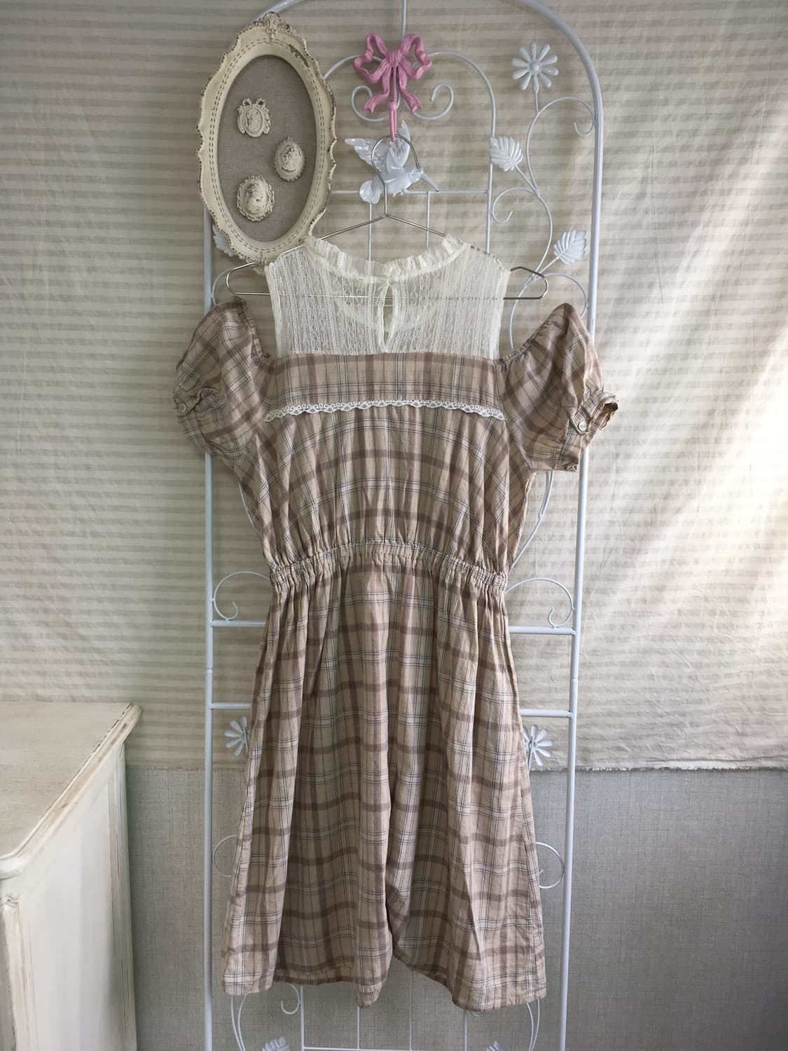 jpn vintage beige check lace one-piece 상품이미지5