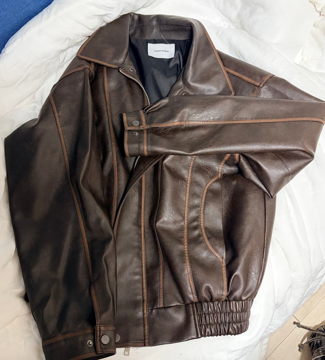 원더원더 세터 빈티지 워싱 절개 박시 레더 자켓 상품이미지5