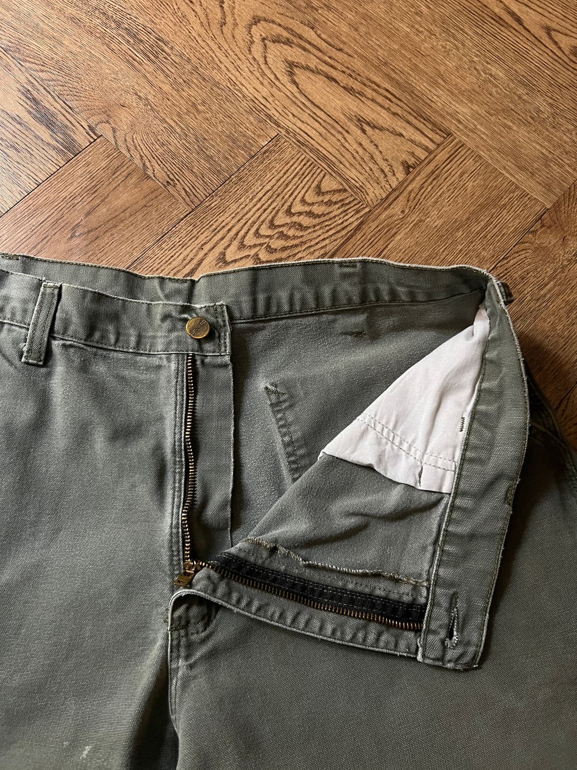 [36]칼하트 USA 빈티지 데미지드 모스그린 싱글니 카펜터 워크 팬츠 상품이미지3