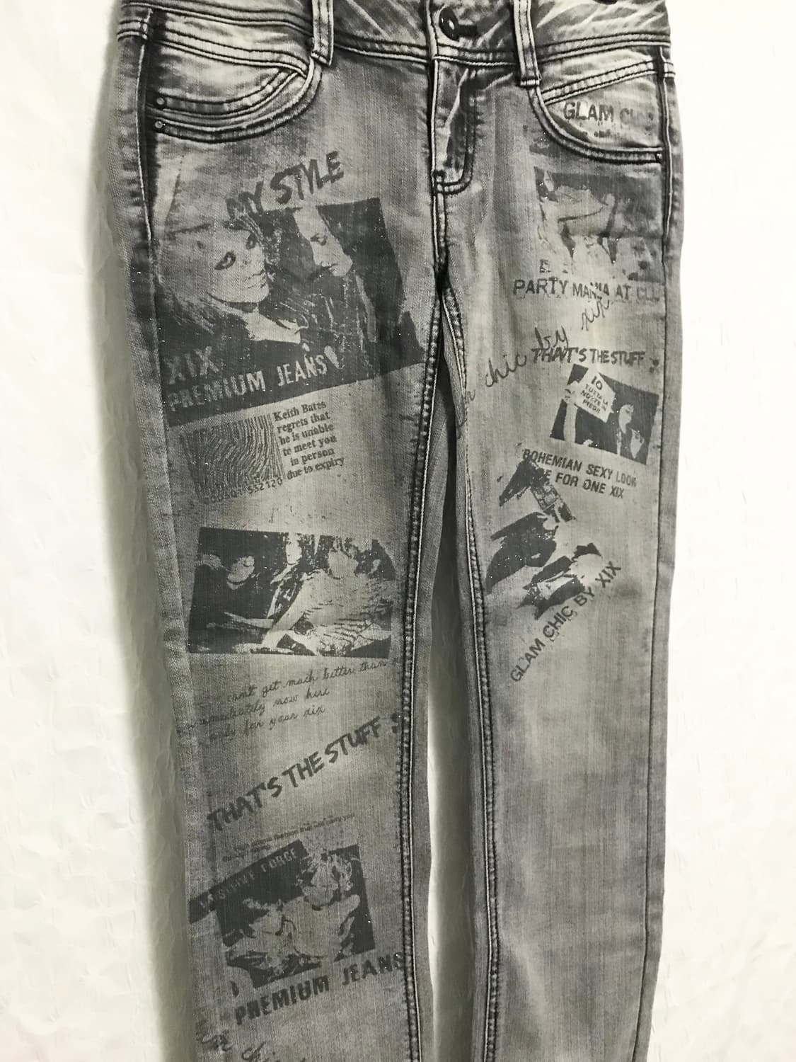 빈티지 펑크 나나깔 글리터 프린팅 로우라이즈 데님 팬츠 상품이미지4