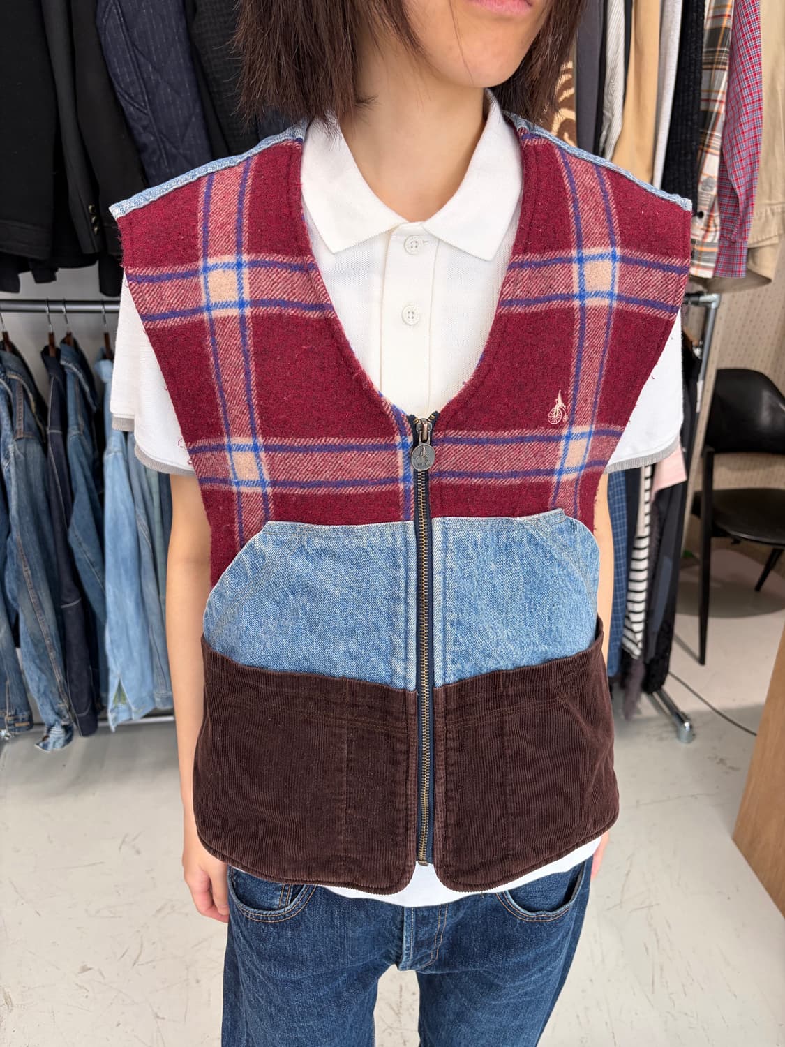 Bean Pole jeans 체크 패치워크 데님 베스트 상품이미지1