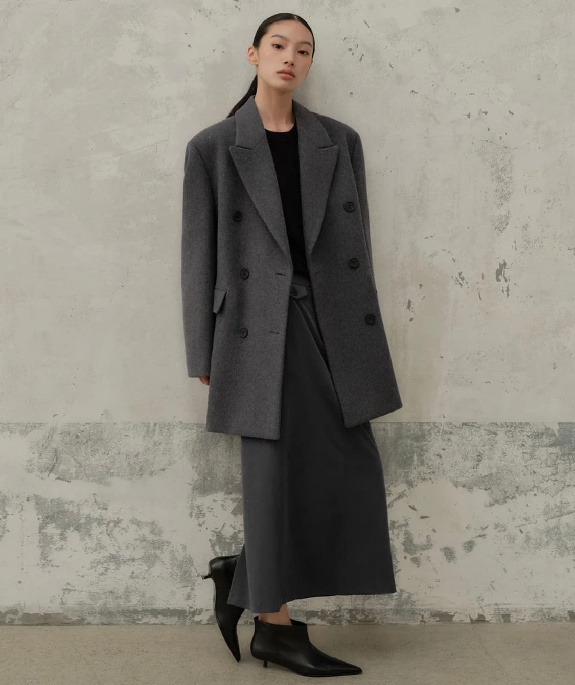 (새상품)무신사 우먼즈 울 블렌드 오버 숄더 더블 하프 코트 블랙 xs 상품이미지1