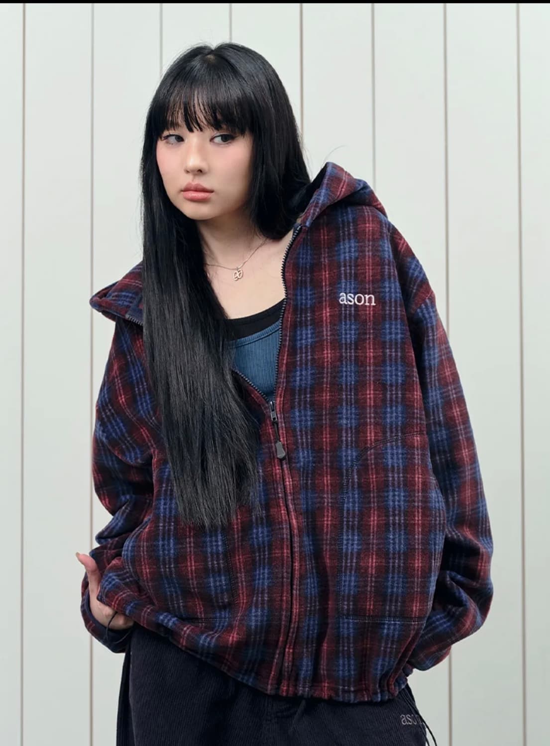 애즈온 체크 플리스 후드집업 상품이미지1