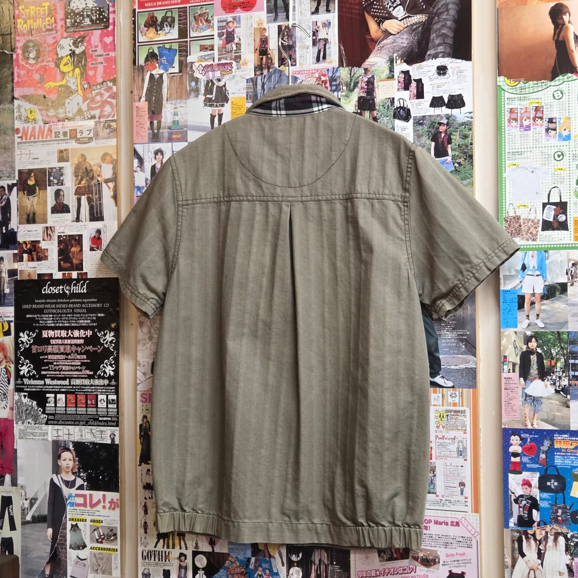 JPN 카키 체크 배색 반팔 코튼 집업 상품이미지4