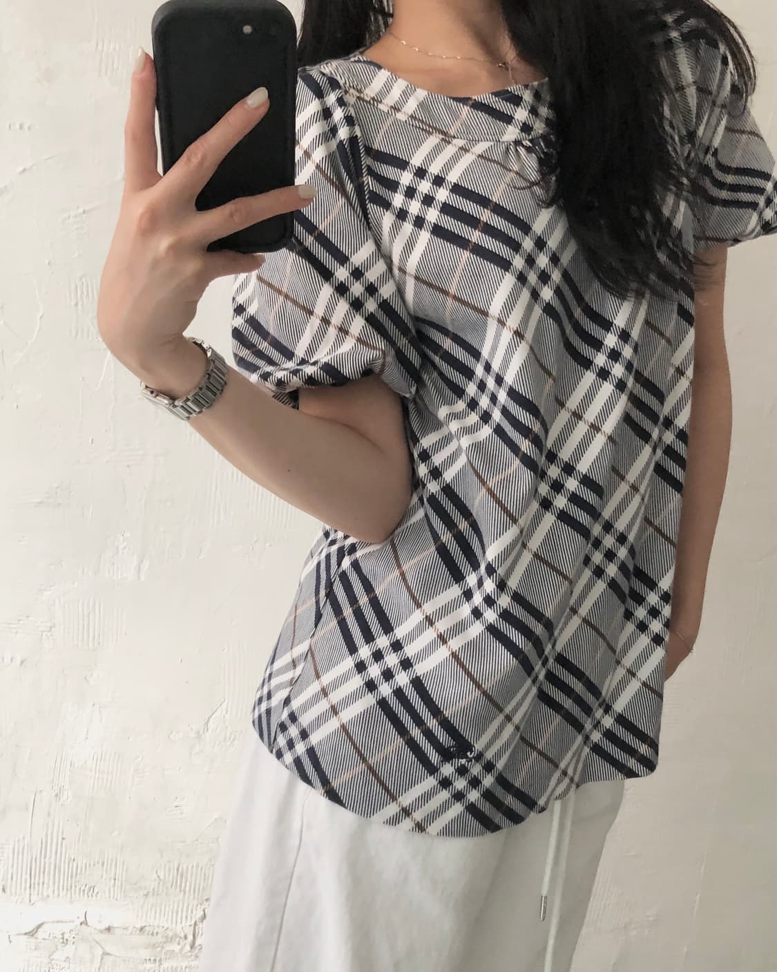 Burberry 버버리 블루라벨 블루 체크 반팔 퍼프 블라우스 상품이미지4