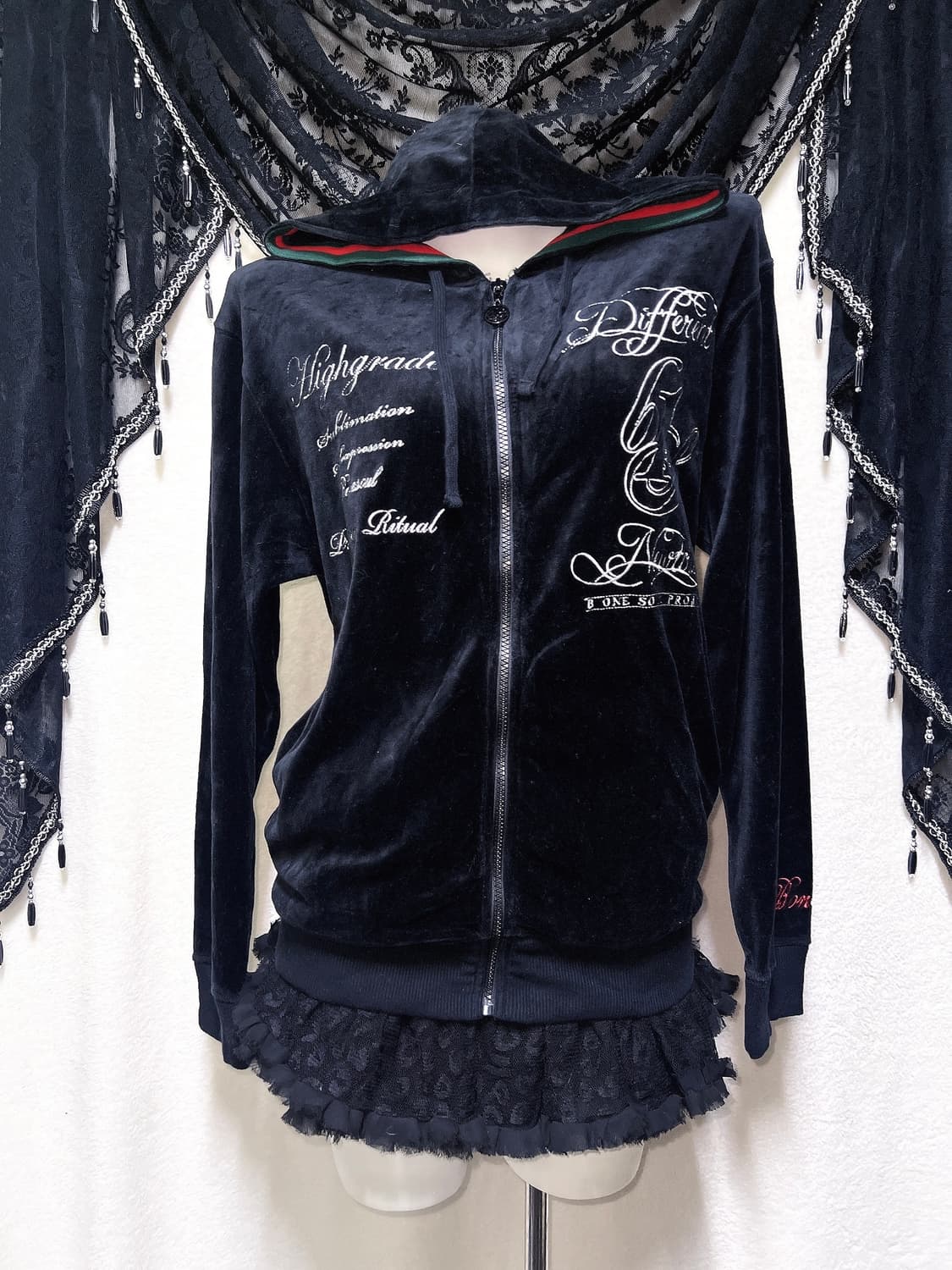 y2k 와투케 고스펑크 벨벳 레터링 후드집업 갸루 핀터 00s 일본빈티지 상품이미지6