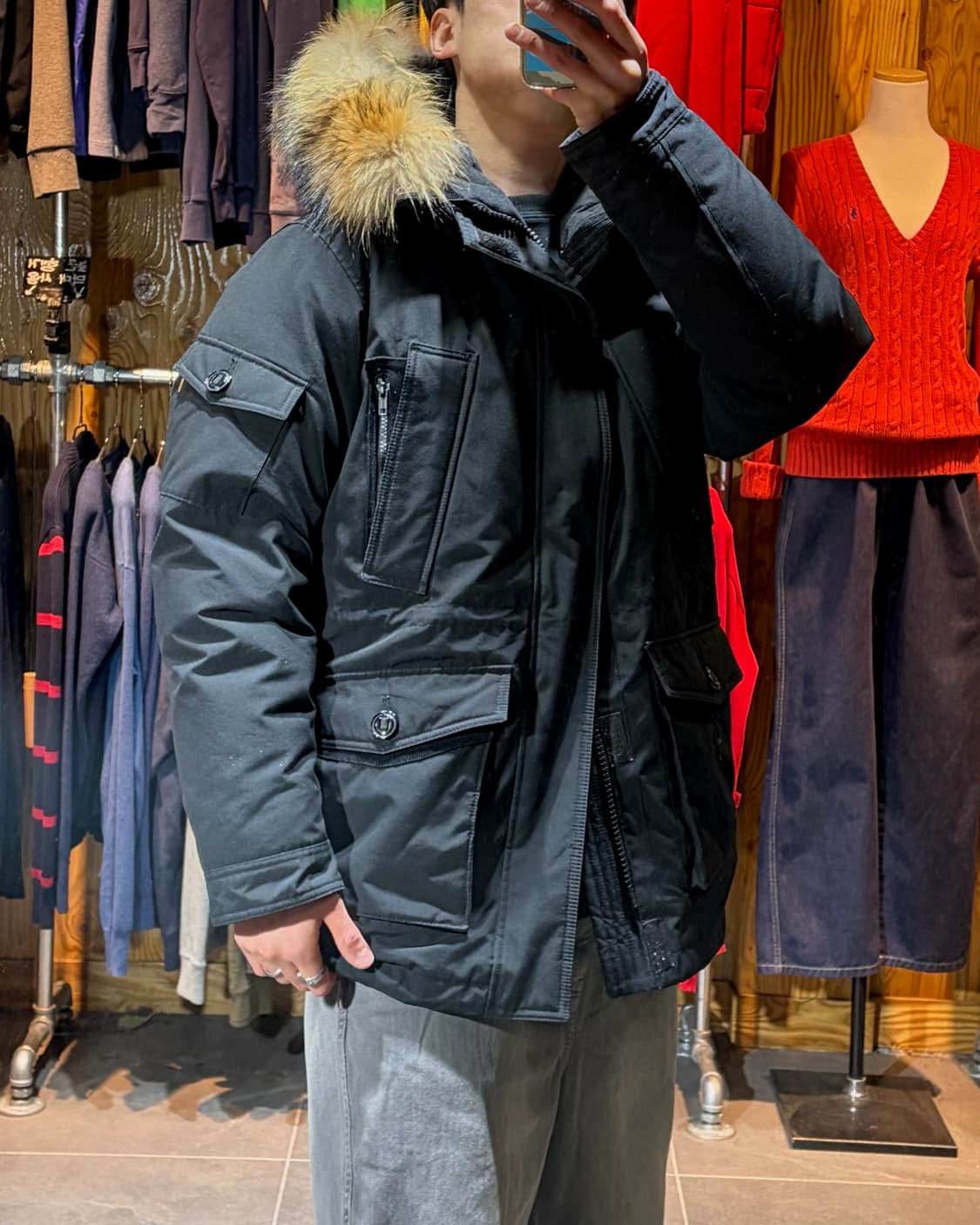 L 에스피오나지 포켓 디테일 라쿤 야상 미들패딩 상품이미지1