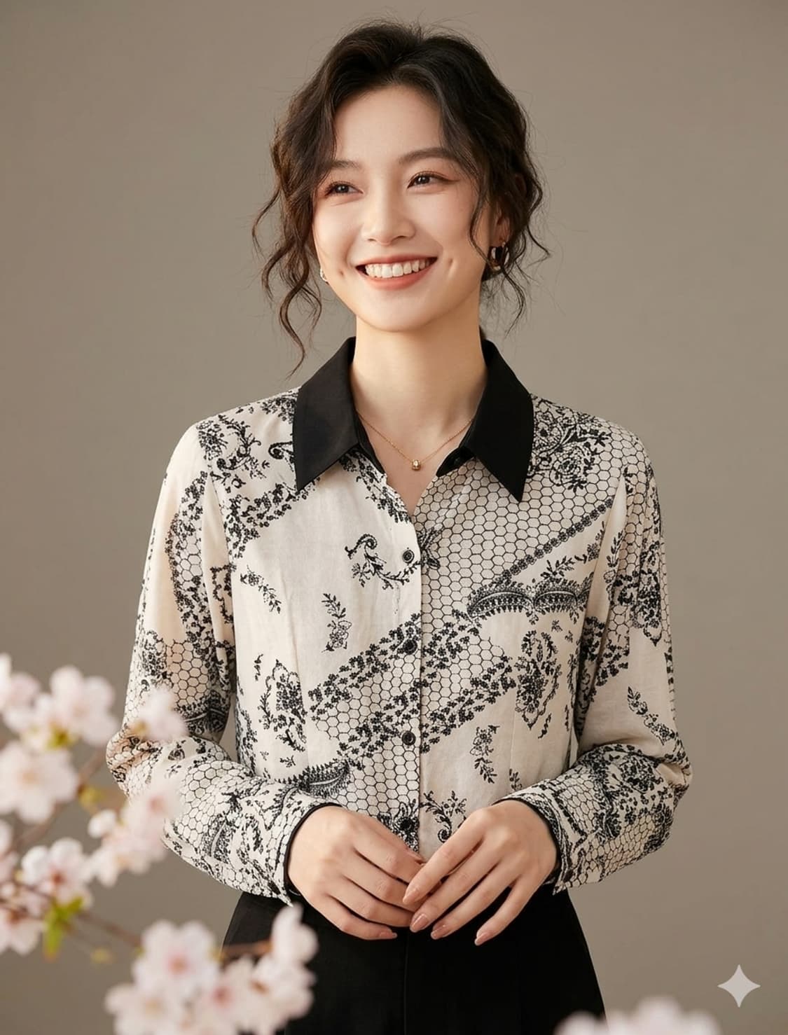 카타리나 아이보리 블랙 카라 플라워 자수 블라우스 55 상품이미지1