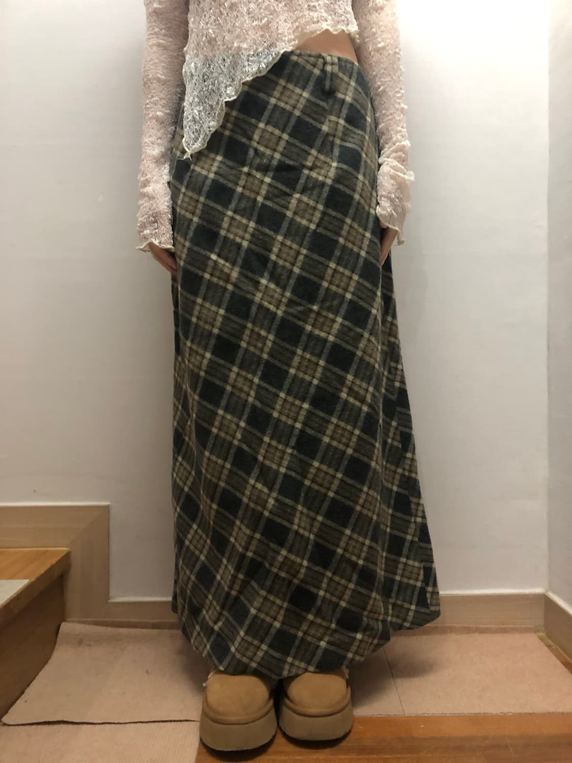 빈티지 그린 체크 울 롱 스커트 상품이미지6