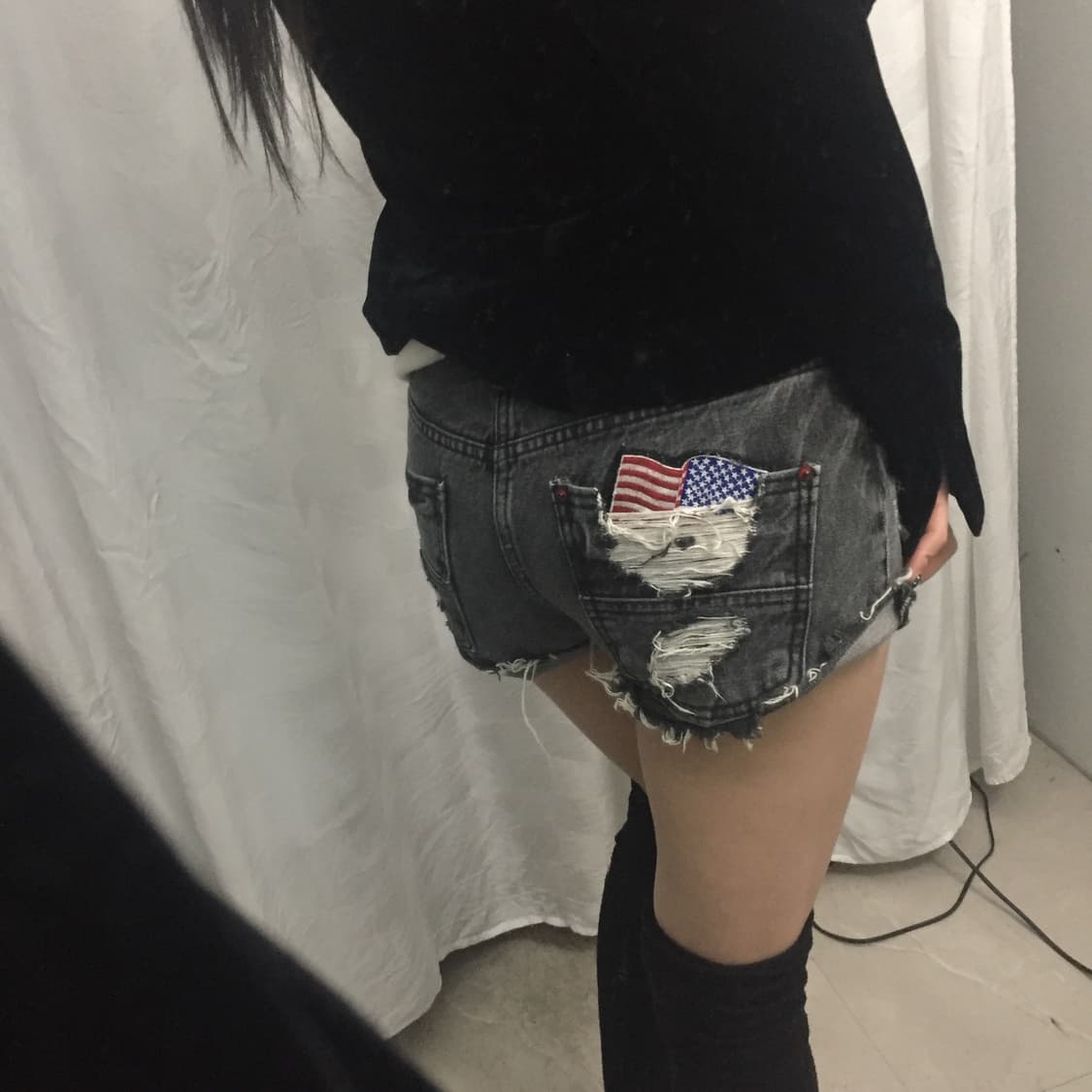 Vintage 고스펑크 갸루 성조기 데미지 흑청 로우 핫팬츠 상품이미지1