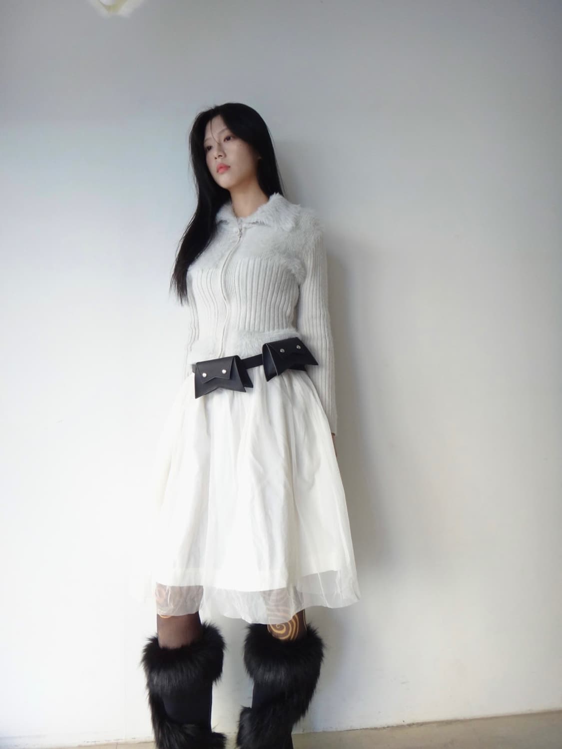 Warm rib 2 way fur cardigan / light grey 상품이미지5