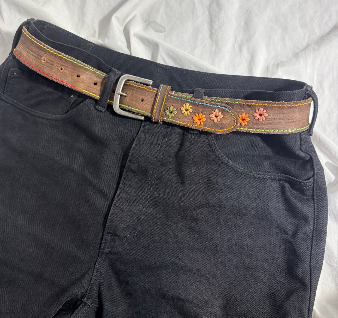 빈티지 핸드메이드 멀티컬러 스티치 플라워 레더 벨트 보헤미안 웨스턴 상품이미지1