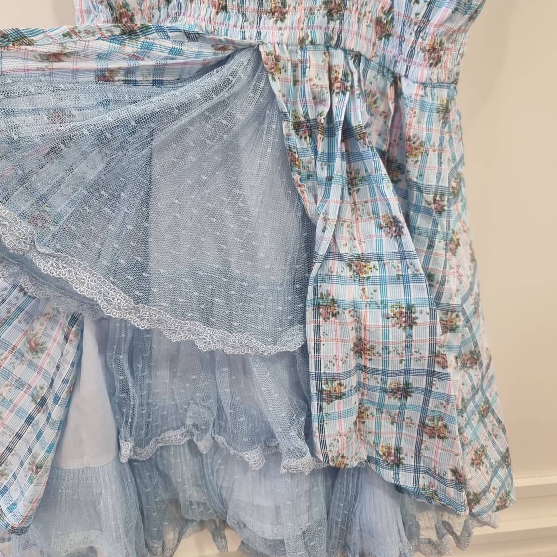 블루 체크 플라워 레이스 원피스 상품이미지8