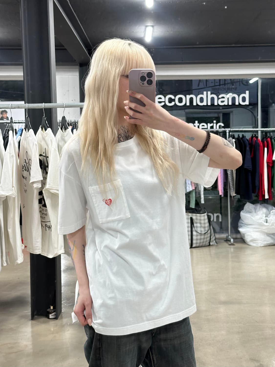 휴먼메이드 하트로고 포켓 반팔 티셔츠 화이트 상품이미지1