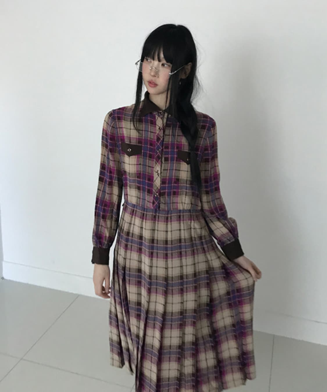 Check collar gold button shirts dress 상품이미지1