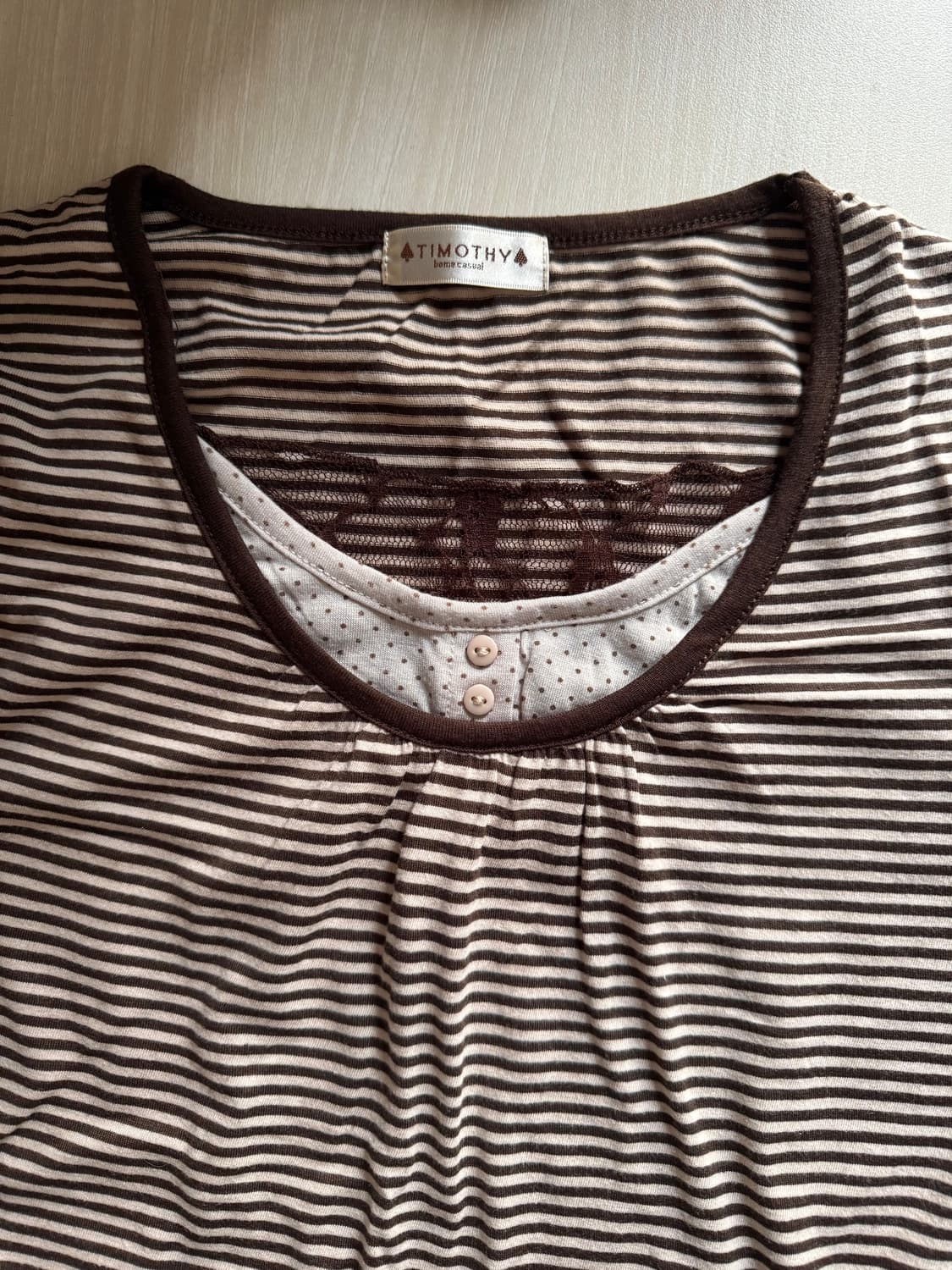 모카 브라운 도트 레이스 단추 스트라이프 레이어드 슬리브 모리걸 티셔츠 상품이미지3