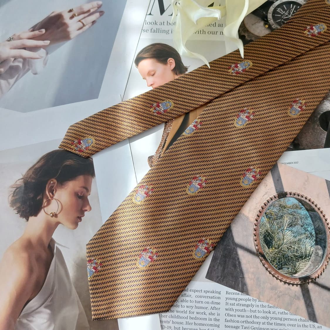 아쿠아스큐텀 실크 하운드투스 엠블럼 넥타이 9.9cm A+등급A18861 상품이미지3