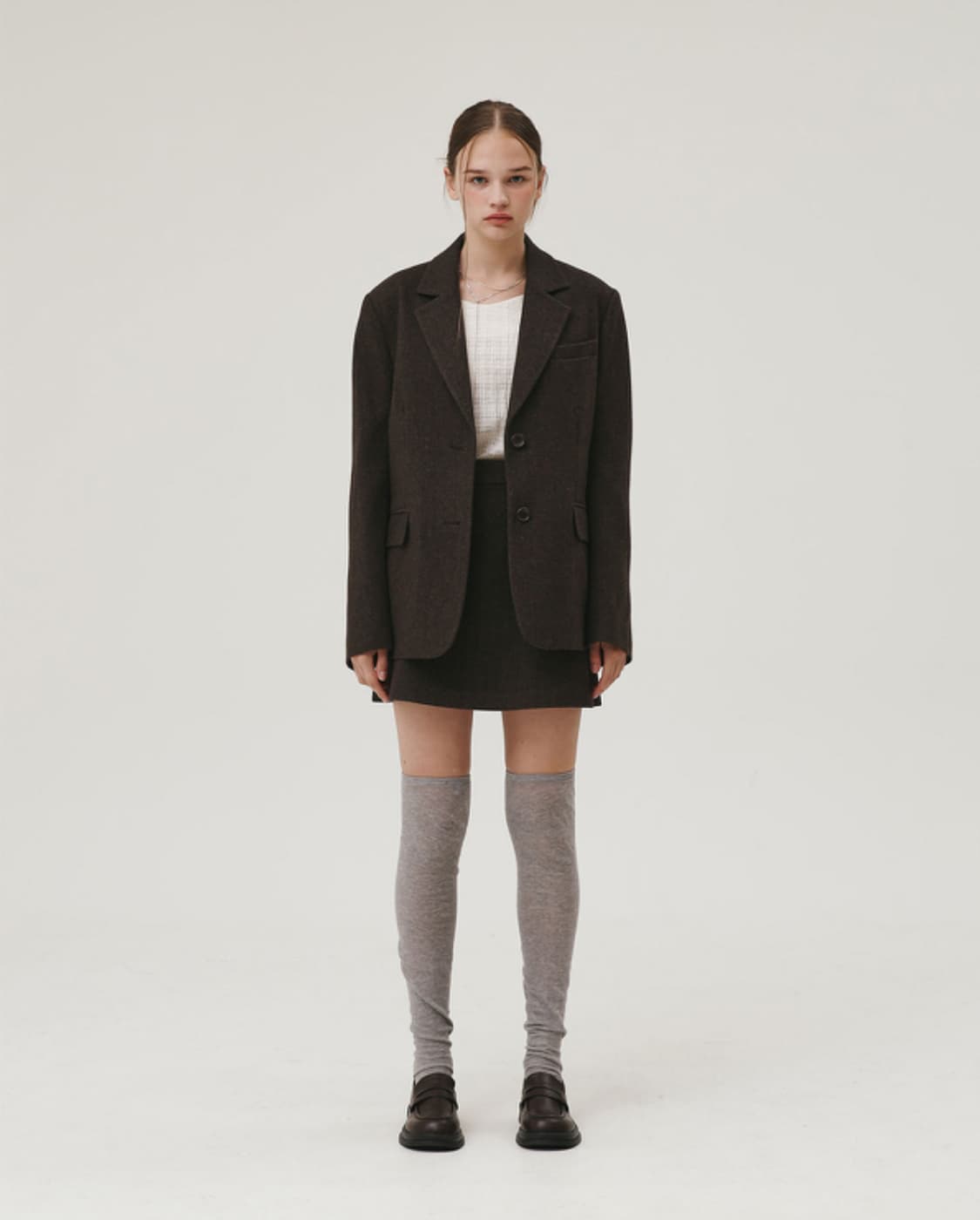 헤링본 울자켓 스커트 셋업 브라운 상품이미지1