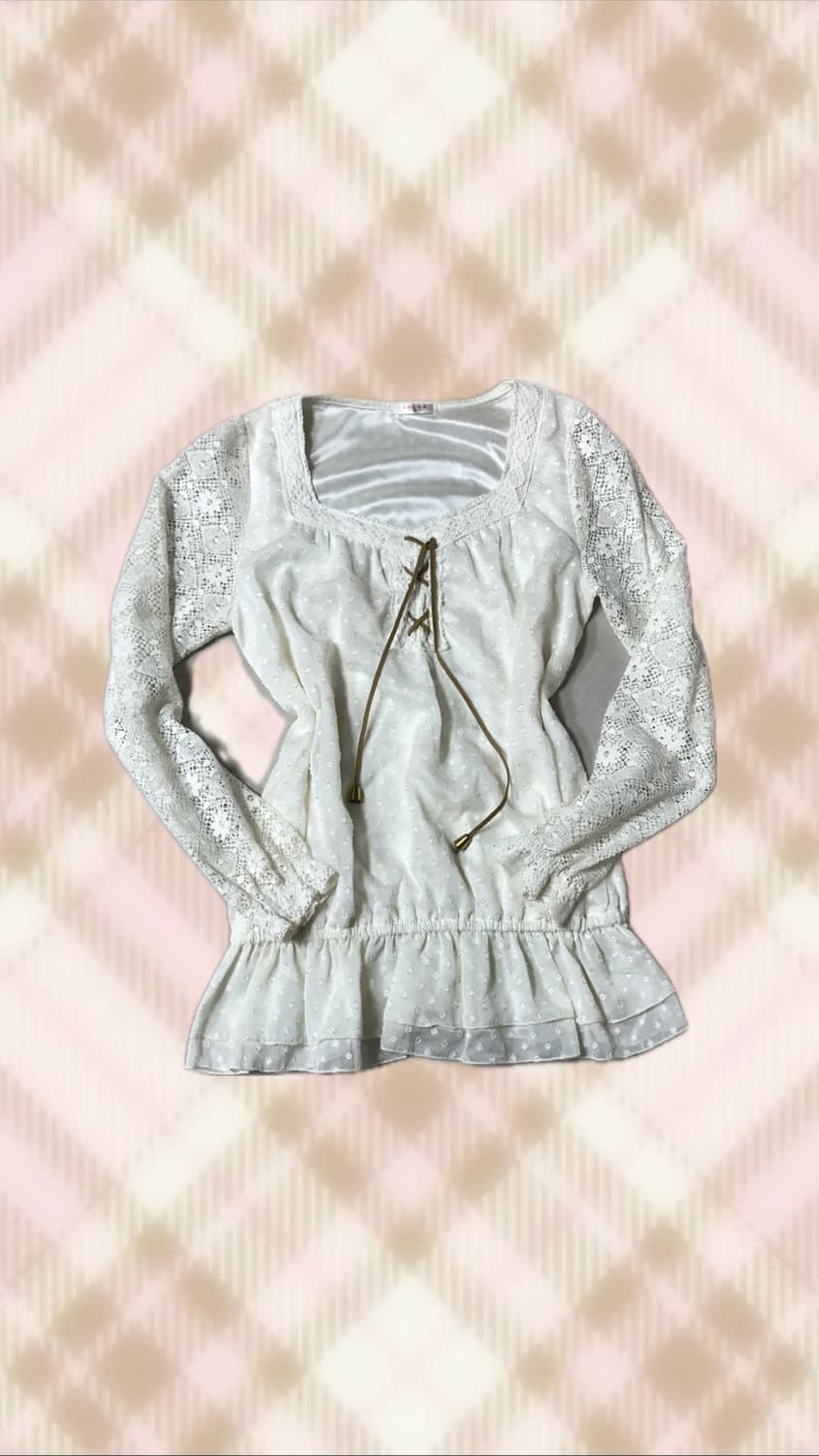 화이트 도트 땡땡이 레이스 블라우스 라떼 히메 갸루 러블리 로걀 빈티지 상품이미지1