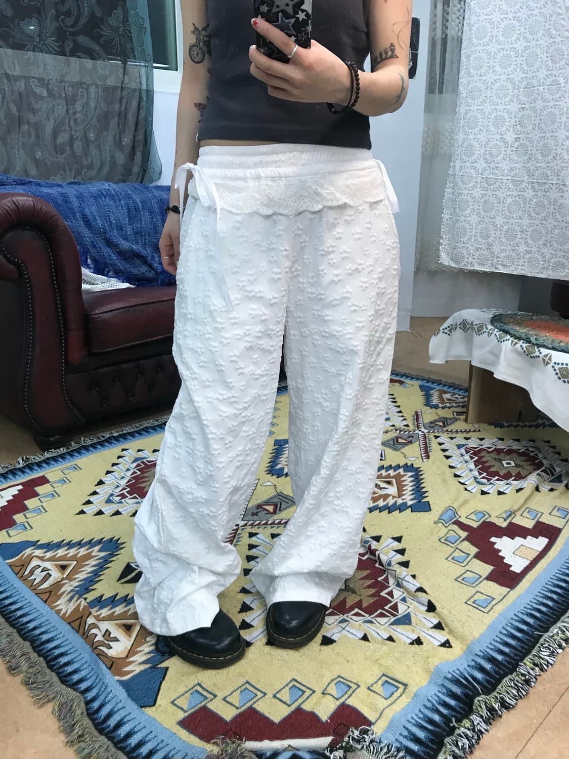 여성 플라워패턴 화이트 밴딩 레이스 트레이닝팬츠  상품이미지1