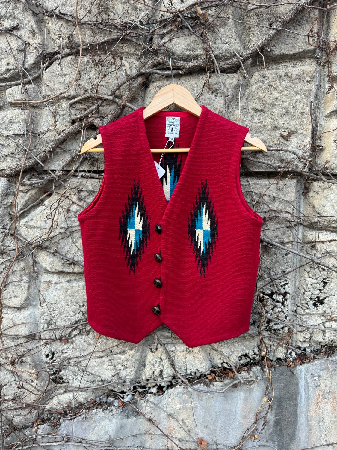 오르테가 핸드 우븐 울 네이티브 무늬 웨스턴 치마요 베스트 조끼 레드 상품이미지1