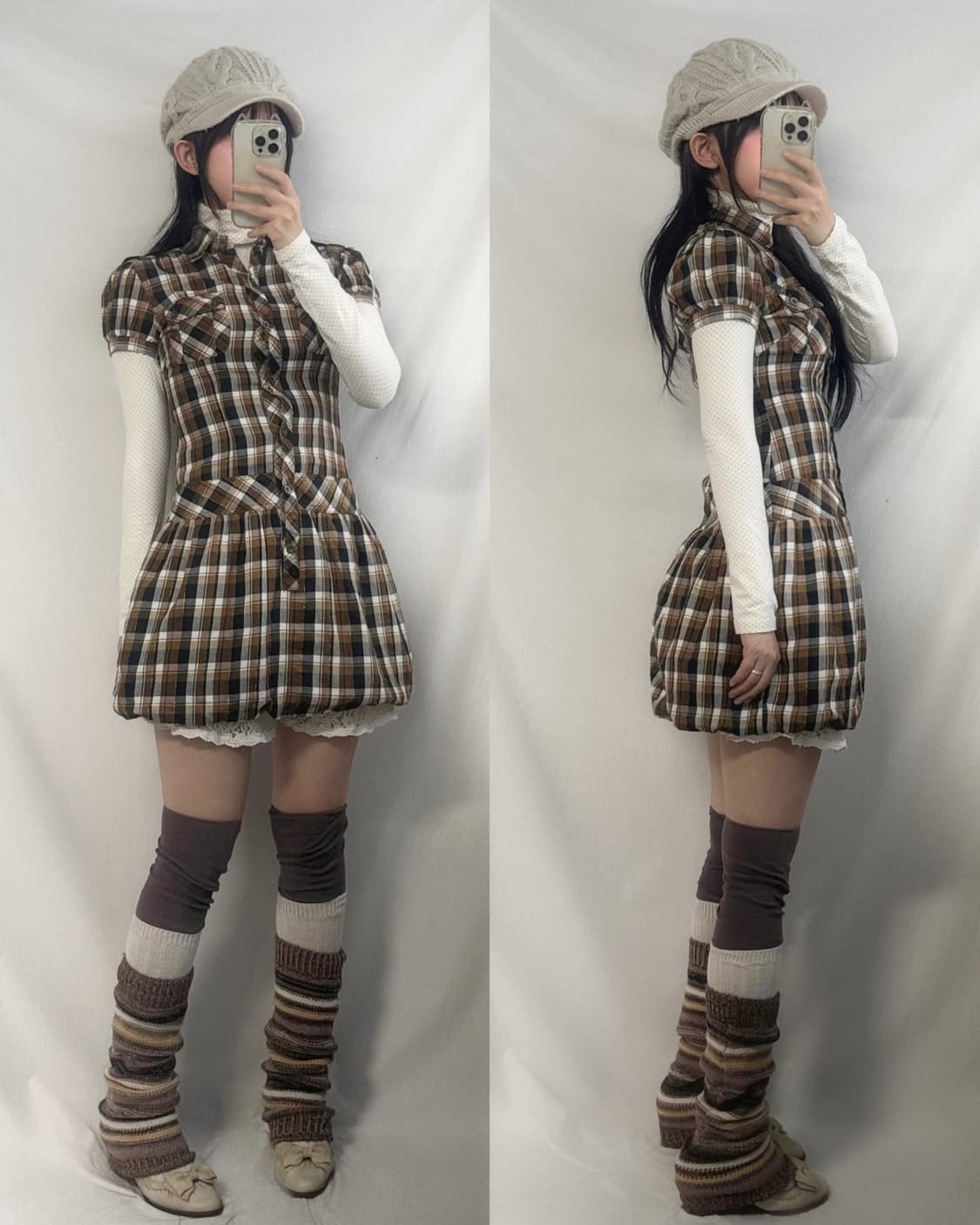 체크 패턴 퍼프 디테일 도트 폴라 원피스 2pcs SET  상품이미지1