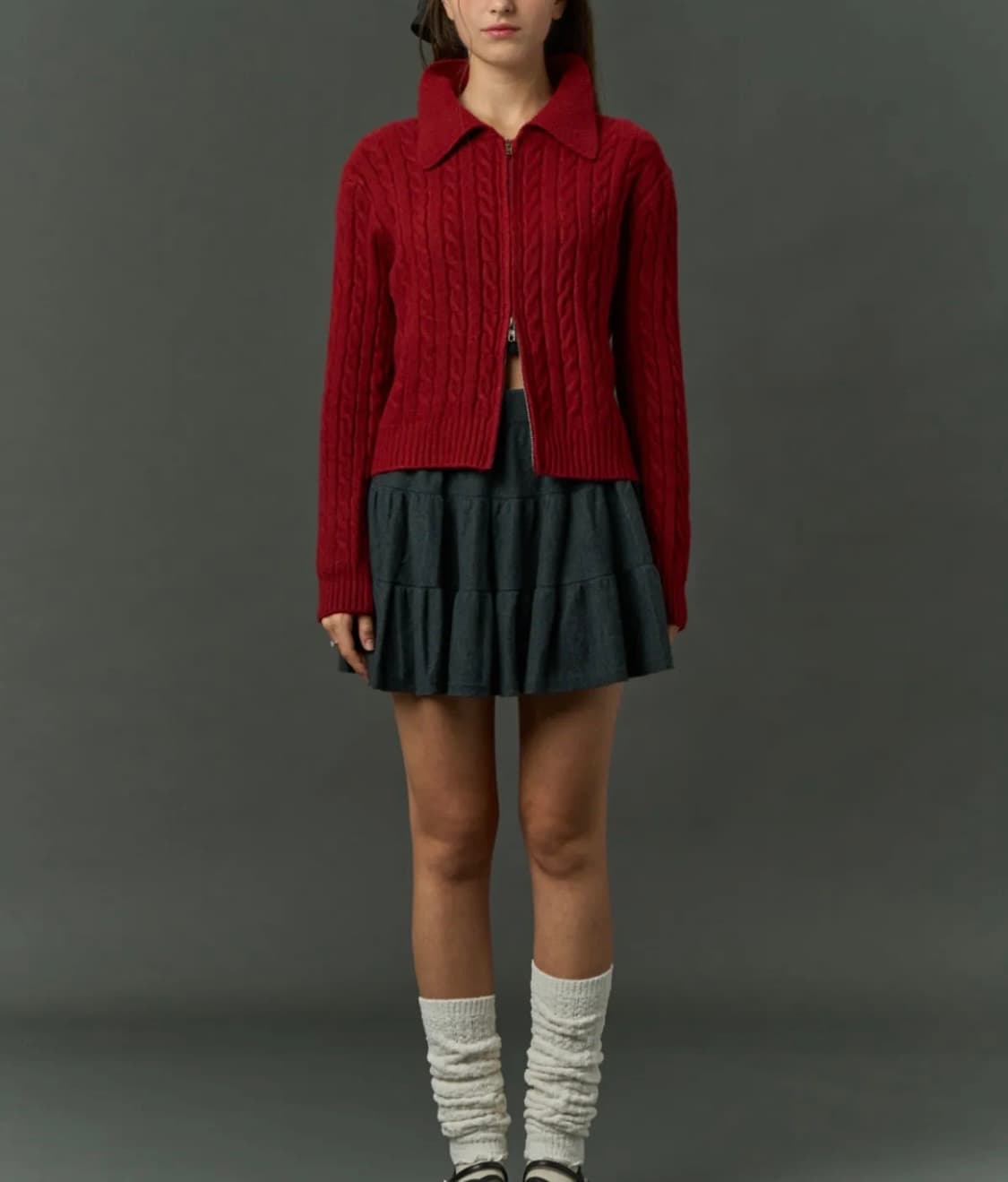 니트 투웨이 꽈배기 집업 가디건 [레드] 상품이미지2