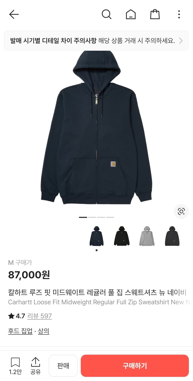 칼하트 루즈핏 네이비 후드집업 상품이미지1