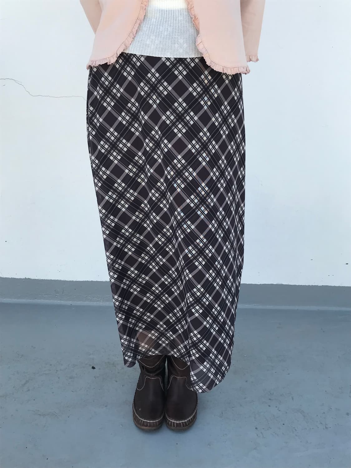 모리걸 브라운 체크 롱스커트 상품이미지1