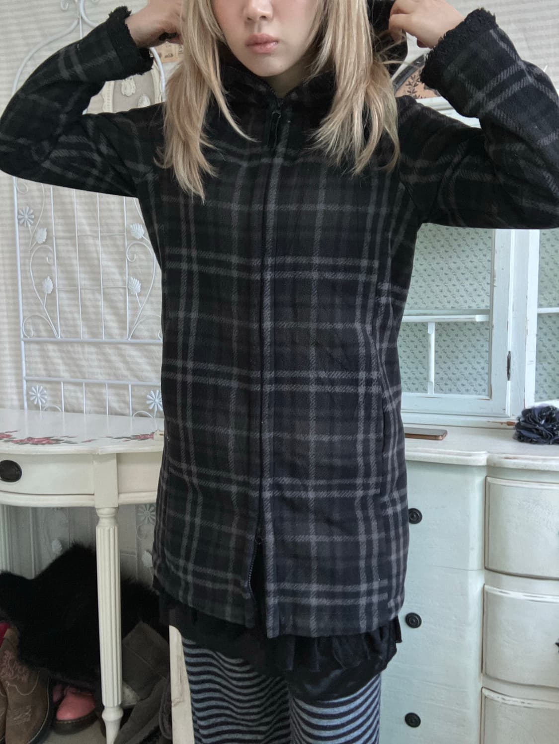 일본빈티지 카키 타탄 체크 후드 무스탕 집업 상품이미지5