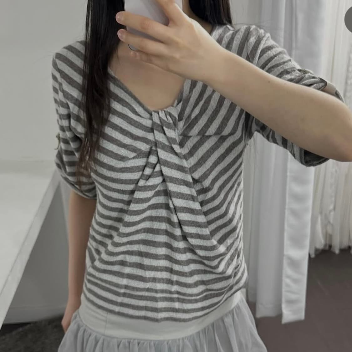 일본 빈티지 maturita 스트라이프 리본 탑&그레이 슬리브리스 원피스 상품이미지5