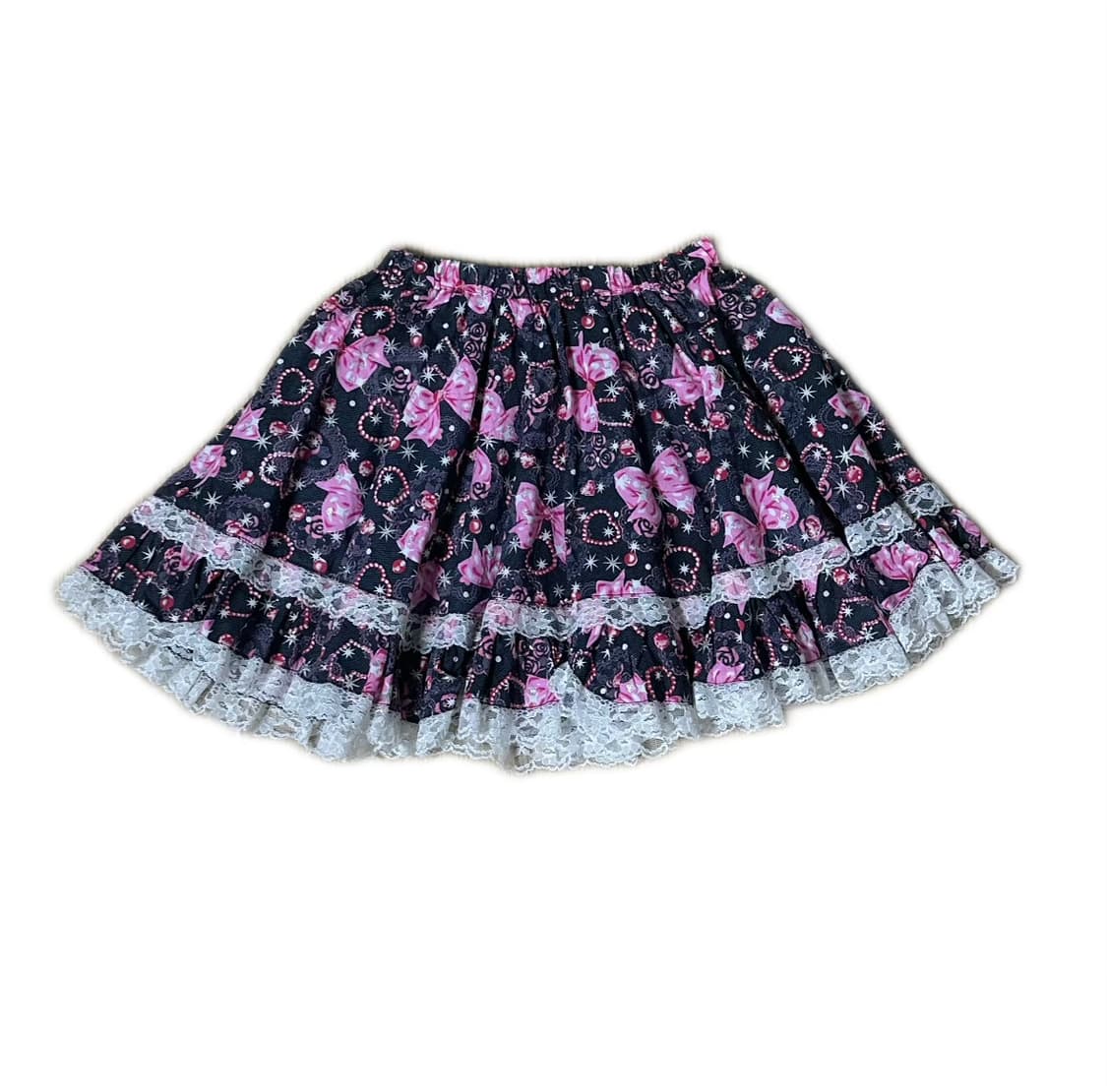 리본 큐빅 패턴 프릴 스커트 빈티지 갸루  상품이미지1