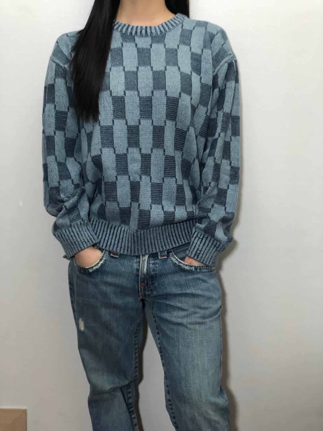 빈티지 블루 체커보드 니트 상품이미지6