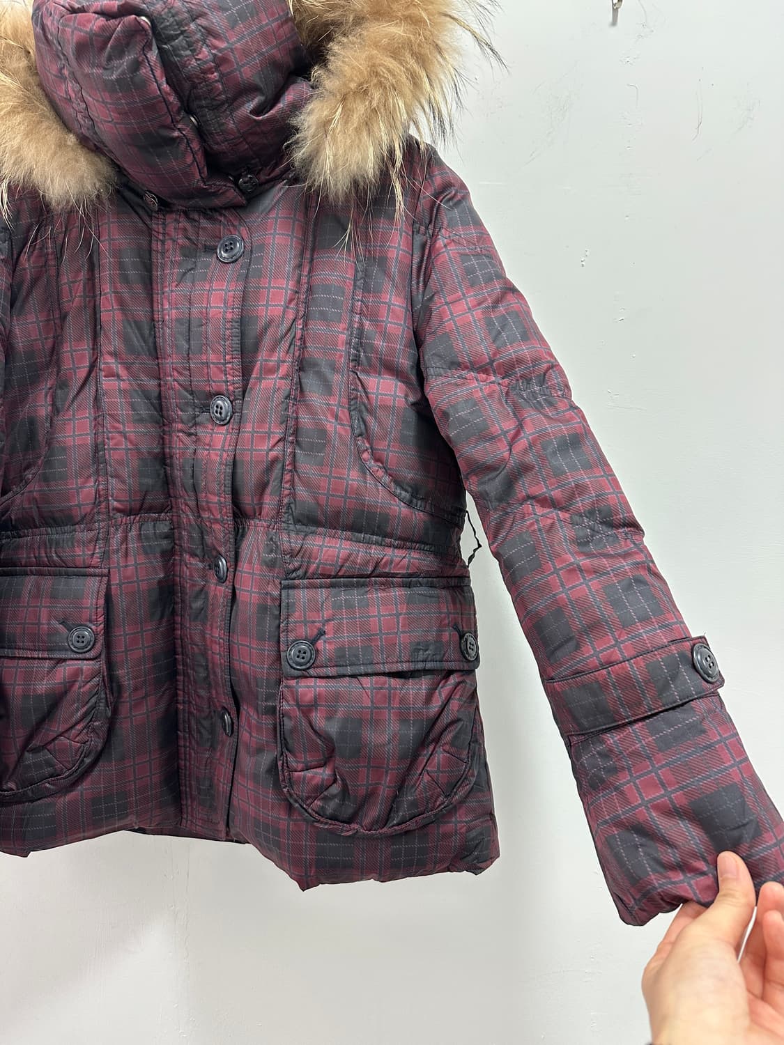 Raccoon fur high neck check puffer  상품이미지7