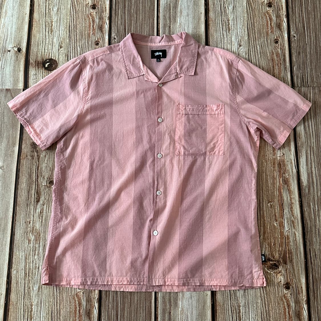 STUSSY 스투시 볼드 스트라이프 오픈 카라 셔츠 핑크 색상 XL사이즈 상품이미지1