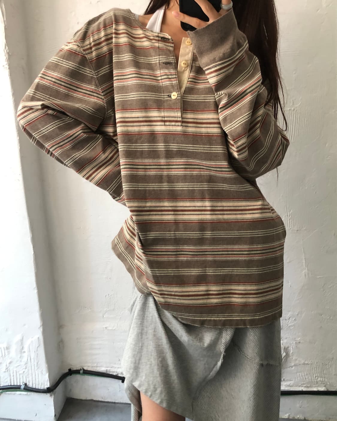 RRL 더블알엘 브라운 스트라이프 헨리넥 롱슬리브 상품이미지1
