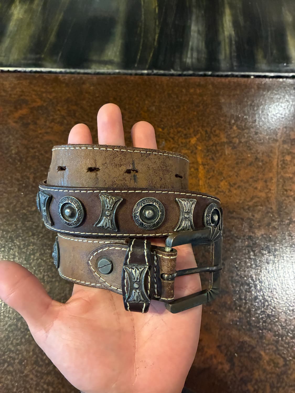 28-34) 웨스턴 버클 스터드 레더 벨트 브라운 상품이미지1