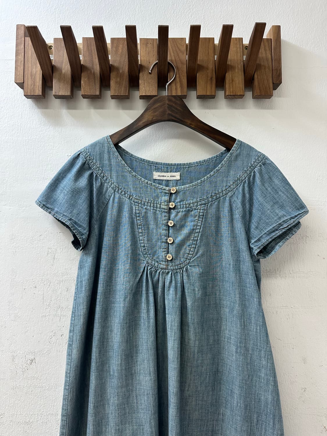 일본빈티지 블루 데님 코튼100% 요크 셔링 반팔 블라우스 원피스 상품이미지2