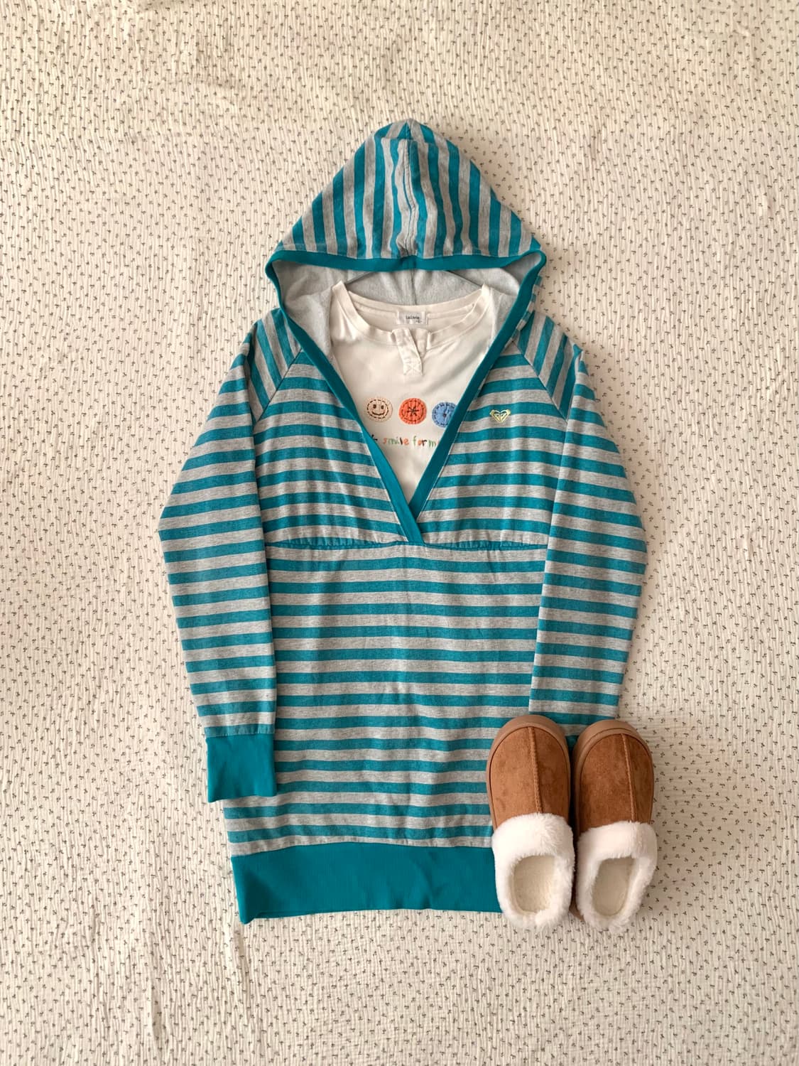 하구미 청록 스트라이프 후드 원피스 상품이미지1