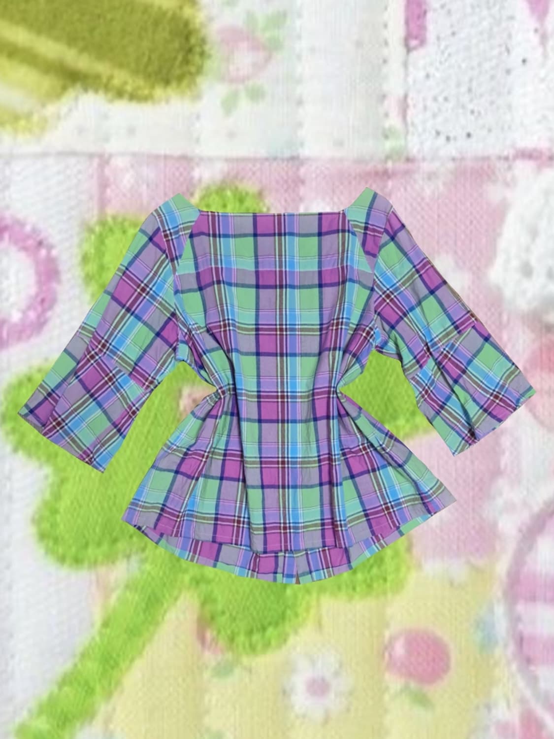 일본 빈티지 모리걸 드럭스토어 그라데이션 체크 블라우스 아오이유우 상품이미지2