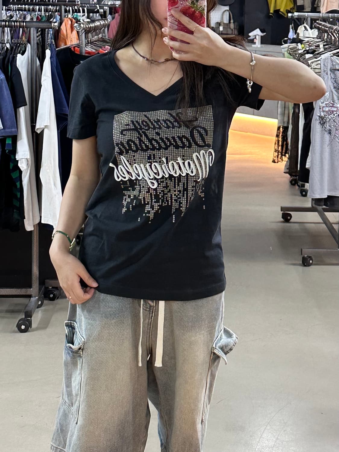 할리데이비슨 브이넥 글리터 프린팅 반팔 상품이미지3